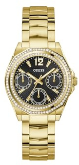 Guess Damen Armbanduhr Ritzy mit Datumsanzeige, goldfarbenes Edelstahlarmband, Mineral Glas, schwarzes Ziffernblatt, 5 Bar, Gehäusedurchmesser: 36 mm, GW0685L4