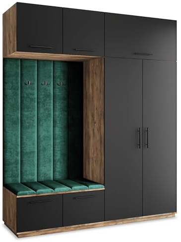 Masseno Flugarderoben Set Rema, Kleiderschrank-Set mit Sitzbank, Garderobenschrank Flur mit 5 Regalböden, Eiche Lefkas/Schwarz