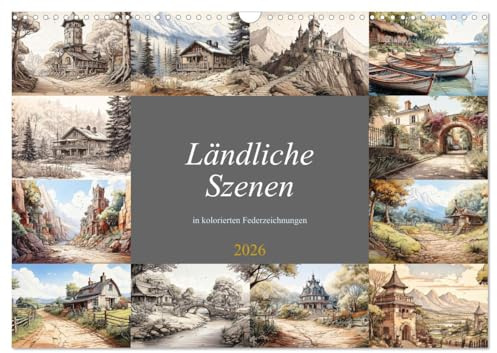 Ländliche Szenen in kolorierten Federzeichnungen (Wandkalender 2026 DIN A3 quer), CALVENDO Monatskalender: Romantische Ansichten einer ländlichen Idylle (CALVENDO Natur)