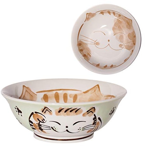 Minoru Ceramic Ramen Bowl Lucky Cat Green 6.8 Size