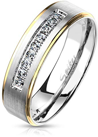 Paula & Fritz® Damenring Silber mit Stein Zirkonia weiß Brillant Schliff Edelstahl-Ring 6mm breit schwarz Regenbogen bunt Gold abgesetzte Kanten R-M6941G_50