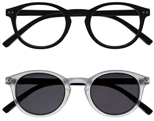 OPULIZE Zen 2 Pack Reading Glasses With Reading Sunglasses Black Crystal Small Mens Womens RS24-1C +3.50