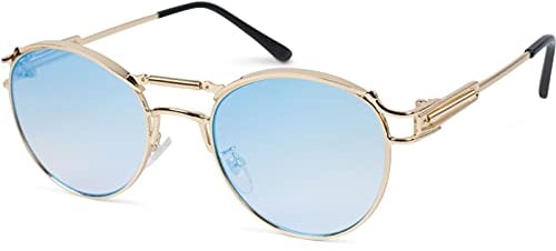 styleBREAKER Lunettes de soleil Panto pour dames avec verres plats ovales et branches en métal, plumes, plaquette nasale en silicone 09020117, couleur:Monture or/verre bleu-rose miroir