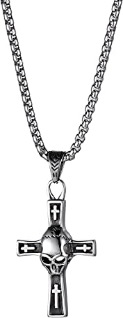Flongo Frauen Kreuz Kette Männer Anhänger Rosenkranz ägyptisch Ankh Kreuz Halskette Silber Totenkopf Schädel Biker Herren-Accessoires
