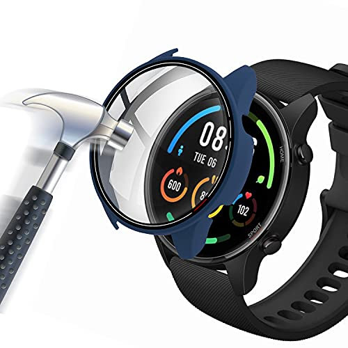 Acadeny Funda con Protector de Pantalla de Vidrio Templado Compatible con xiaomi Mi Watch, dureza 9H 360° de protección Completa Ultra Fina PC Case Cover para xiaomi Mi Watch con Escala, Azul