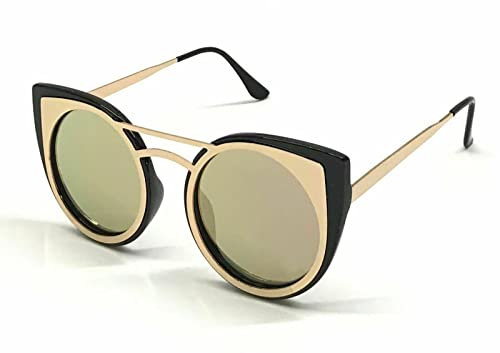 Stylish Retro Ladies Big Black Cat Eye Sunglasses Rose Gold Mirrored UV400 Lens