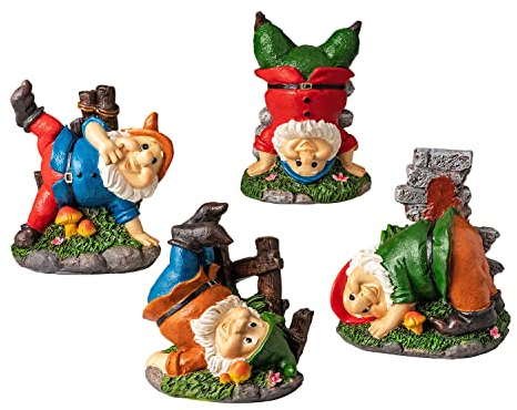 VERDOBA Gartenzwerge lustig für außen, 4er Set - Frecher Gartenzwerg klein lustig Figur Polyresin Deko GNOME Figuren