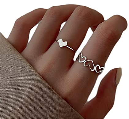 2 pz Argento Colore Amore Cuore Hollow Anello Aperto Femminile INS Trend Dolce Ragazze Elegante Hip-hop Anello per Amico Gioielli Regali Durevole e Nizza