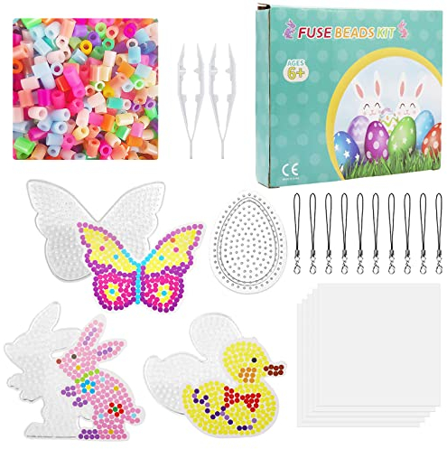 Bügelperlen Set Ostern,2000 Stück Bügelperlen Ostern,Bügelperlen Platten Oster Set,4 Muster Vorlagen,5mm Steckperlen Osterhase zum Basteln, Kinderbasteleien Ostern für Kinder Jungen Mädchen Geschenk