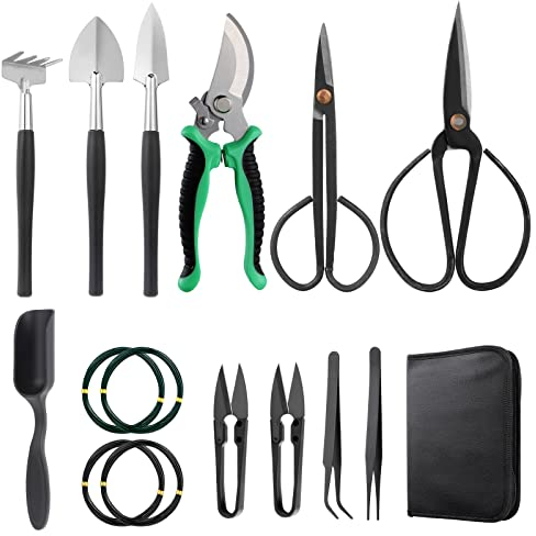 eROOSY Bonsai Gartengeräte, Bonsai Werkzeug, Gartengeräte Set 15 in 1 inkl. Mini Garten Handwerkzeuge