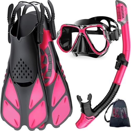Zenoplige Schnorchelset Erwachsene mit Flossen, Anti-Fog Panorama Taucherbrille, Dry Top Schnorchel und Schwimmflossen, 3 in 1 Schnorchel Set für Schwimmen, Tauchen