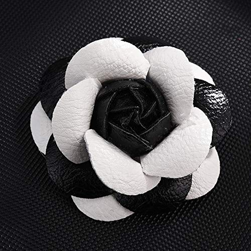 Broche en cuir synthétique pour femme - Motif camélia - Noir et blanc