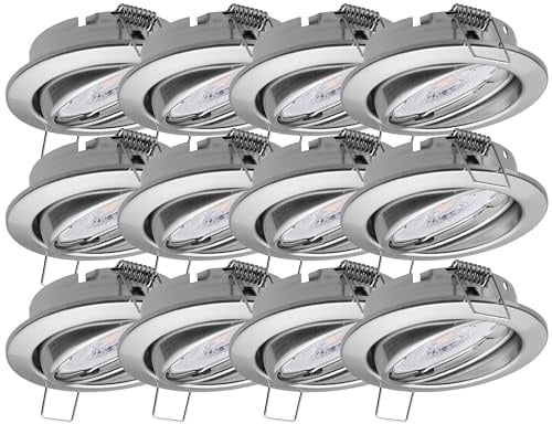 Oktaplex 12er Set Dijon LED Deckenspots 230V dimmbar Schwenkbar ultra flach | 22mm Einbautiefe, 3000K Warmweiß, Lochmaß 68mm, 5W, 380lm, 110° Einbaustrahler Edelstahl gebürstet