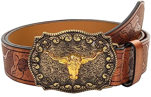 INOGIH Western Cowboy Leder mit Stier Muster Schnalle Gürtel Vintage Taillengürtel für Damen und Herren, Braun, 43''Length Suit for Waist 34''-39''