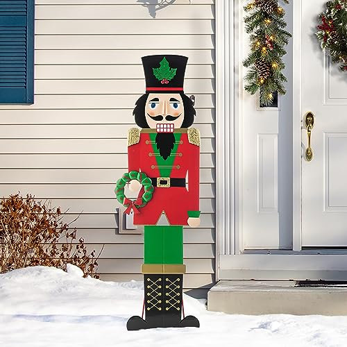 Glitzhome 60”H Metal Christmas Soldier Nutcracker Porch Decor Rustic Nutcracker w/Wreath Standing Porch Sign Merry Christmas Welcome Sign Holiday Party Outdoor Indoor Xmas Decorations