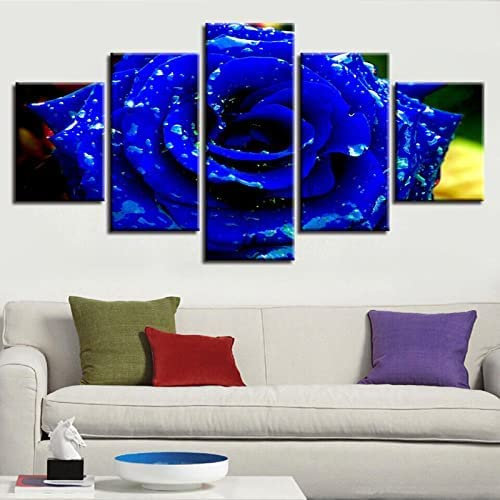 Impression Sur Toile Roses Bleues Tableau Peinture Sur Toile Moderne Pour Salon Appartement Chambre Décoration, 5 Pieces Sans Cadre 150 X 80 Cm Affiche De Photo D'Art De Mur De Restaurant D'Hôtel De