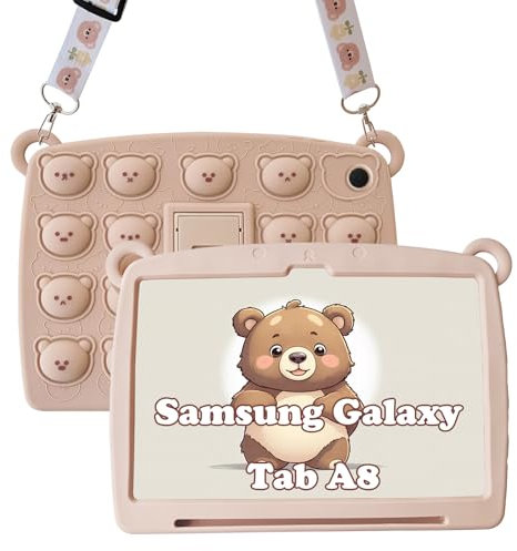 A-BEAUTY Case Compatible with Samsung Galaxy Tab A8 10.5 inch 2022 (SM-X200/X205/X207) Kids Cool Funny Design with Pen Holder Stand Shoulder Strap, Brown Bear