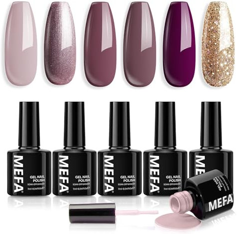 MEFA Gel Nail Polish Set - 6 Colors Nude, Purple, Brown, Glitter, Gold - UV Gel for Salon & Home DIY