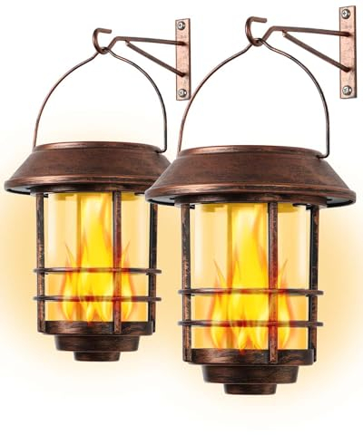 FLOWood Solarlampen für Außen Garten,Glas und Metall IP65 Wasserdicht, Flackernde Flammen Wandleuchten, 2 Stück Hängende Wandhalterung für Veranda, Terrasse und Hof, Bronze [Energieklasse A]
