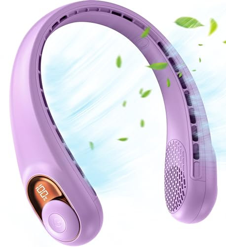 JIAGE Neck Fan, Portable Neck Fan Rechargeable, 5200mAh Battery Operated, LED Display, 360-Degree Cooling, 3 Speeds, Quite, Bladeless Design Neck Fans, Personal Neck Cooler, Purple
