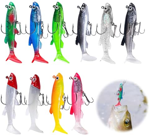 mizikuu Angelköder, 10 Stück Gummifische Angelköder Set mit 1 Box Kunstköder Angelausrüstung mit Jigkopf Weicher Fischköder für Forelle Zander Barsch Hecht 8cm 12g Angelgeschenke für Männer