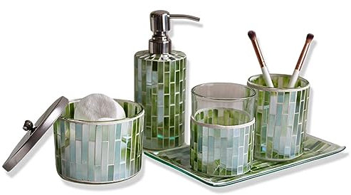 IB Home Hand Made Mosaic Bathroom Accessory Set of 5 with Toothbrush, Cotton Buds, Cotton Pads Holder, Liquid Soap Dispenser and a LargeTray.