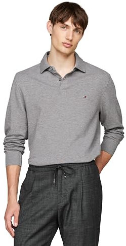 Tommy Hilfiger Men's Long Sleeve Polo Shirts in Regular Fit with Stretch and Organic Pique Cotton, Medium Grey Heather, XXL