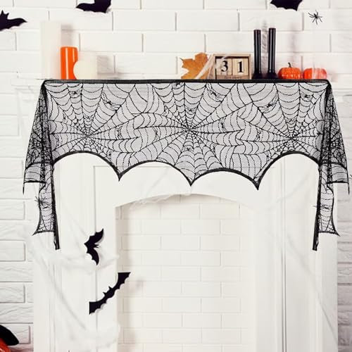 Tenda a ragnatela per porta, 244 x 45 cm, in pizzo nero, decorazione per Halloween, con atmosfera horror, set di decorazioni per camino, per carnevale, Halloween, feste, decorazione da tavolo, casa e