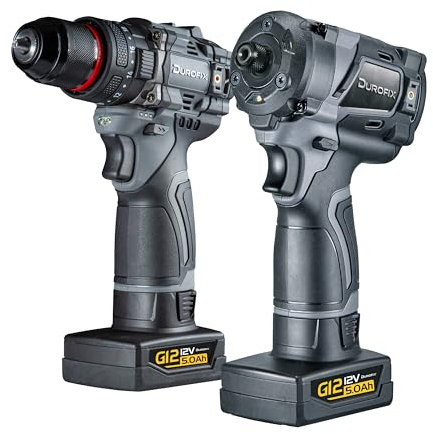 Durofix G12 Cordless Combi Drill and Impact Drill Twin Pack Kit, 1,800RPM 2-Speed Brushless Motor, 20+3 Torque Settings, 3/8 Chuck and LED Light | RK12136 & RI12183 | Inc 2x 5.0Ah Batteries & Charger