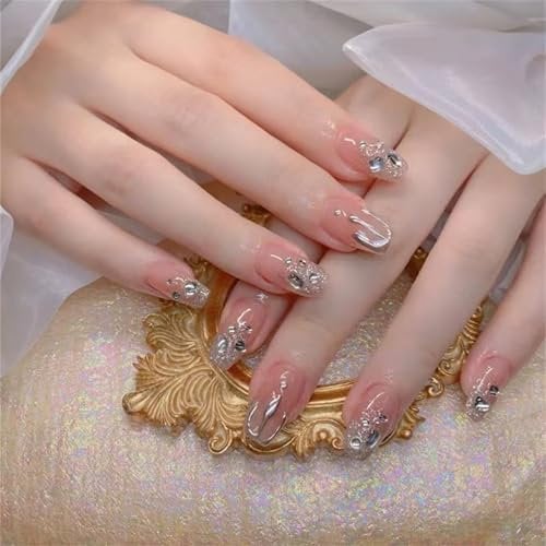 24Pcs French Tip Press-on Nails - Three-dimensional Diamond Water Droplets Stick-on Full Cover Acrylic Square Tips With Glue for Women Girls Nail Art