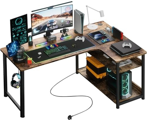 COMHOMA L Shaped Gaming Desk 130x80CM with Power Outlets Corner Computer Desk with Shelves Headphone Hook PC Table Workstation for Home Office Bedroom (Brown, 130CM)