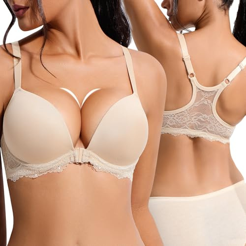 Rasback Front Closure Push Up Bras for Women Racerback Add 2 Cup Sizes Padded Plunge Underwire Lace Bra Lift Up, Beige, 36D