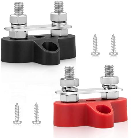 RED WOLF 12V 100A Power Distribution Block 1/4 Dual Stud Busbar M6 Terminal Bus Bar 12 Volt DC Battery Junction Post for Auto Boat Marine Solar System Positive and Negative (2PC)