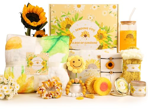 Sunshine Sunflower Hamper Pamper Gift Basket for Women | 15 PCS Christmas Birthday Gift Set for Her Mum, Thinking of You Self Care Package Get Well Soon for Sister, Best Friend