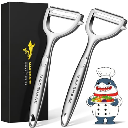 MAD Shark Ultra Sharp Vegetable Peelers for Kitchen Fruit Apple Potato Peelers,Design with Ergonomic Non-Slip Handle, Y-Shaped Stainless Steel Serrated（Flat&Serrated Blade 2pc）