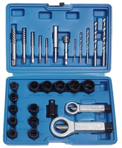 RIODEMBO 28 Pièces Kit de Clés à Douilles Spiralées avec Extracteurs et Coupe-écrous Extracteur de Vis | Entraînement 3/8 | Forets HSS | Pour Automobile, Industriel, Bricolage (Mécaniciens & Maison)