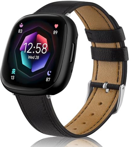OFFCUP Leder Armband Kompatibel mit Fitbit Versa 3/ Versa 4/ Fitbit Sense/Sense 2 Band mit Edelstahl-Verschluss Uhrenarmband Sports Watch Armbänder für Damen Herren Lederband Ersatzband -Schwarz
