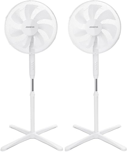 Aigostar Standventilator mit 7 Flügeln, flüsterleise 55W Windmaschine (41 cm Ø), höhenverstellbar 108-130cm, 70° oszillierend, 3 Geschwindigkeiten, leistungsstarker Lüfter, Weiß, 2 Pack