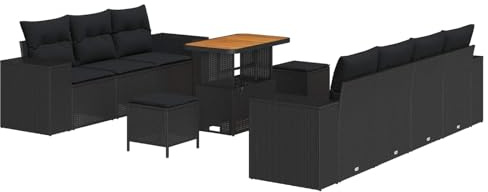 vidaXL 10-teiliges Garten-Sofa-Set mit Kissen | Stylisches schwarzes Rattan-Gartenmöbel-Set mit verstellbaren Füßen und wetterfestem Design, perfekt für Terrassen, Gärten, Balkone und Sommertage.