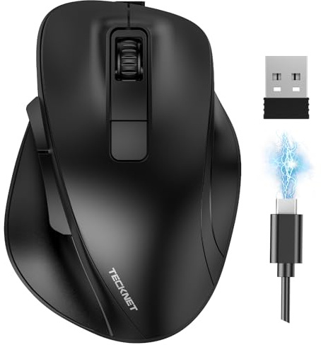 TECKNET Bluetooth Mouse (BT5.0/3.0 and 2.4G), Multi-Device Wireless Mouse, 4800 DPI Rechargeable Silent Mice, Computer Mouse with Thumb Rest, Ergonomic Wireless Mouse for Laptop/Mac/PC, Black