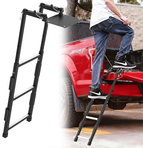 Keplrend Escalera universal para plataforma trasera de camioneta, fácil de instalar con tornillos autoperforantes de acero inoxidable, placas de agarre de aluminio y patas de escalera de goma