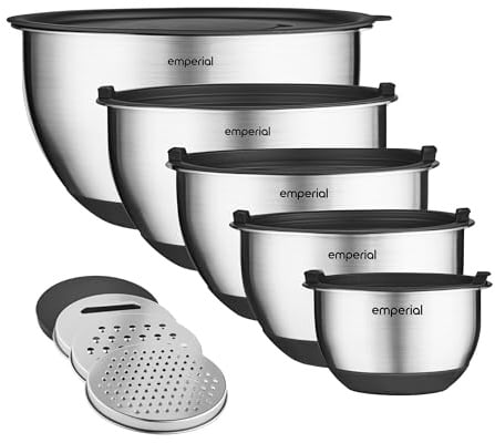 Emperial Mixing Bowls Set of 5 | Stainless Steel Nesting Bowls with Airtight Lids & 3 Grater Attachments | Non-Slip Bases with Measurement Marks | 4.7L, 2.8L, 1.9L, 1.4L & 0.6L