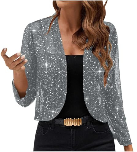 Sequin Cardigans for Women UK Casual Elegant Party Open Front Cardigans Lightweight Jackets Sparkly Long Sleeve Cardigan Coats Outerwear Ladies Shrugs and Boleros for Evening Club Gray