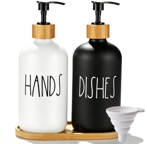2 Pack Glass Soap Dispenser Bottles, Glass Soap Dispenser Bottle with Pump | with Tray Refillable hand soap dispenser, for Kitchen or Bathroom Countertop Laundry Essentials