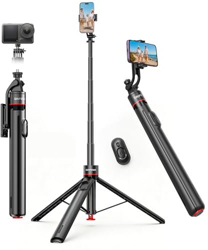 GRIFEMA Treppiede Smartphone [Apertura Automatica] Bastone Selfie 175cm | Asta per Selfie Bluetooth con Telecomando, Treppiede Telefono Alluminio, Rotazione 360, Altezza 7 Livelli per iPhone Camera