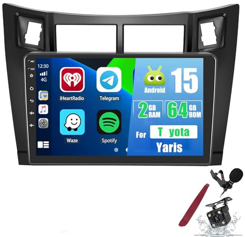 PLKEQS Radio de Coche 2G 64G para T-oyota Yaris 2008-2011 con Caplay inalámbrico, Android Auto, Pantalla táctil de 9'' 2K, estéreo Android 15, GPS, WiFi, Bluetooth, FM RDS, DSP, SWC, cámara,Y3