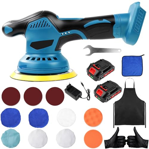 VOBOR Lucidatrice eccentrica da 21 V per auto, lucidatrice eccentrica da 150 mm, con 2 batterie, 8 velocità variabili fino a 5800 giri/min, set per lucidare/cerare/autodetailli
