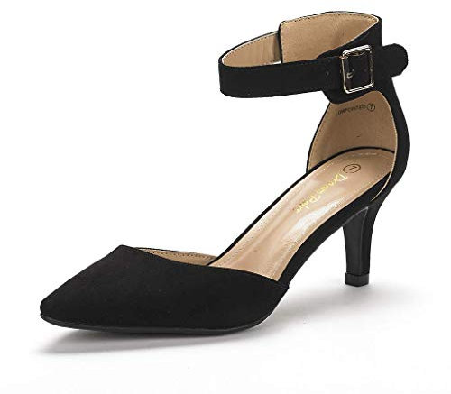 DREAM PAIRS Womens Court Shoes Pointed Toe Low Kitten Heel Ladies Pumps Ankle Strap Dress Sandals Lowpointed Black Suede Size 7 US/ 5 UK
