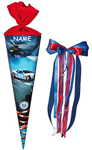 alles-meine.de GmbH Schultüte - Polizei & Helikopter - 35 cm - rund - incl. Name und große Schleife - mit Filzabschluß - Zuckertüte - mit/ohne Kunststoff Spitze - für Junge..