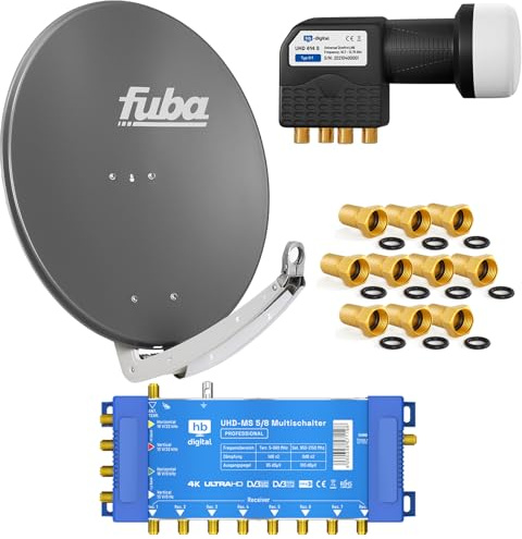 FUBA 8 Teilnehmer Digital SAT Anlage DAA780A + Profi LNB 0,1dB Full HDTV 4K + PMSE Multischalter 5/8 + 24 Vergoldete F-Stecker Gratis dazu